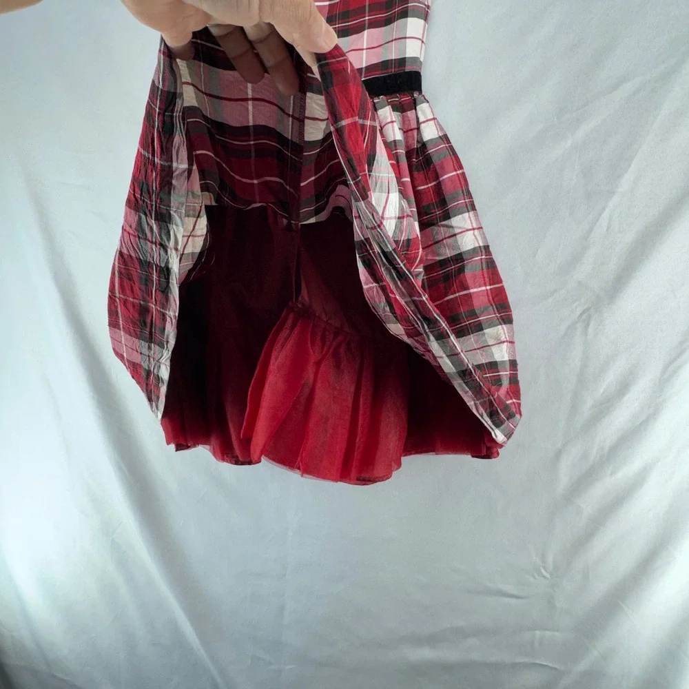 Gymboree Plaid Dress Girls 7 Red Silk Holiday Tartan Velvet Bow Classic Preppy